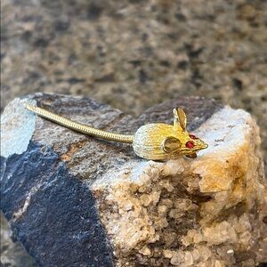 Vintage Gold Mouse Brooch with Red Gem Eyes
